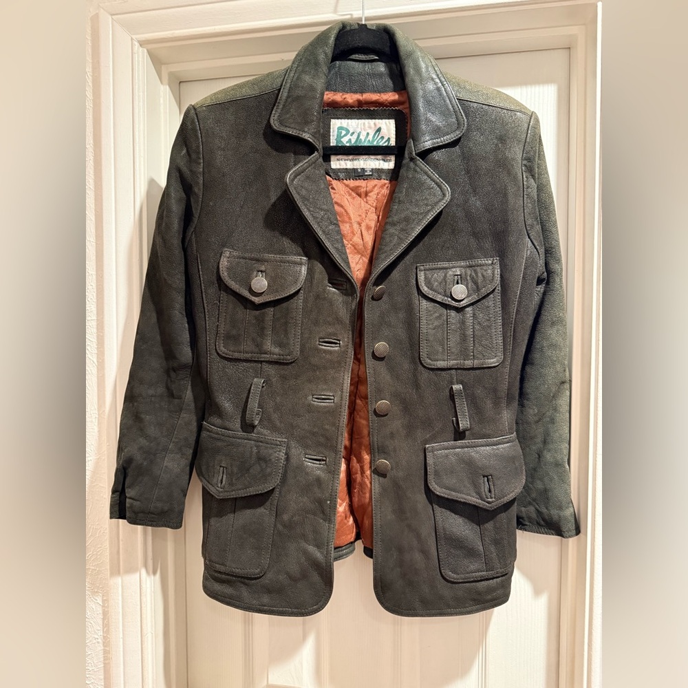 Vintage Greenish Black leather safari Jacket